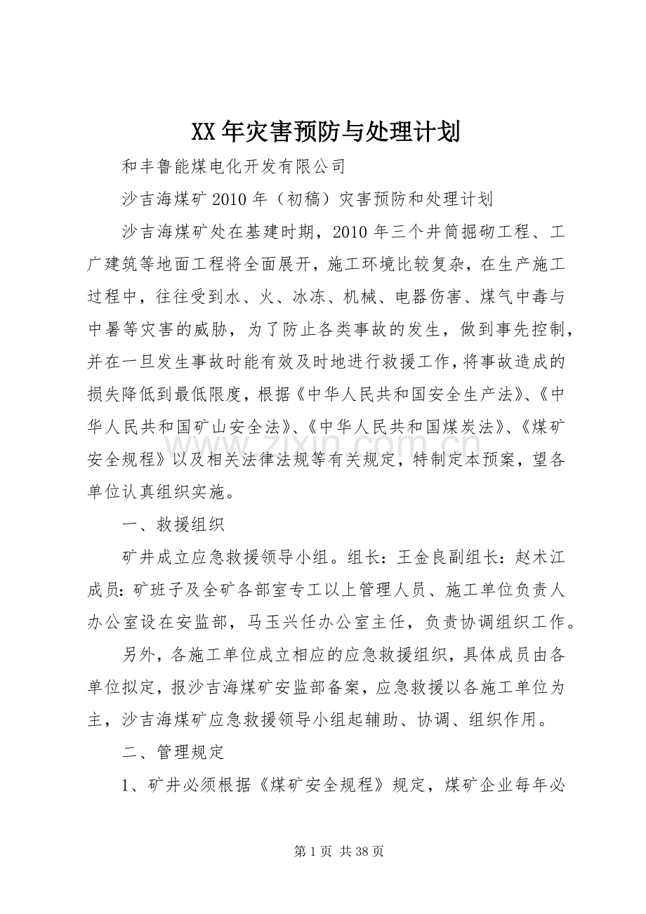 XX年灾害预防与处理计划.docx_第1页