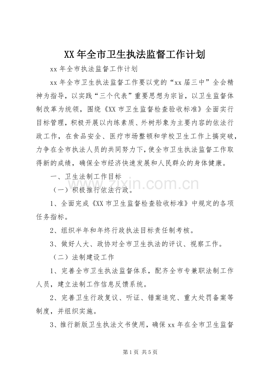 XX年全市卫生执法监督工作计划 .docx_第1页