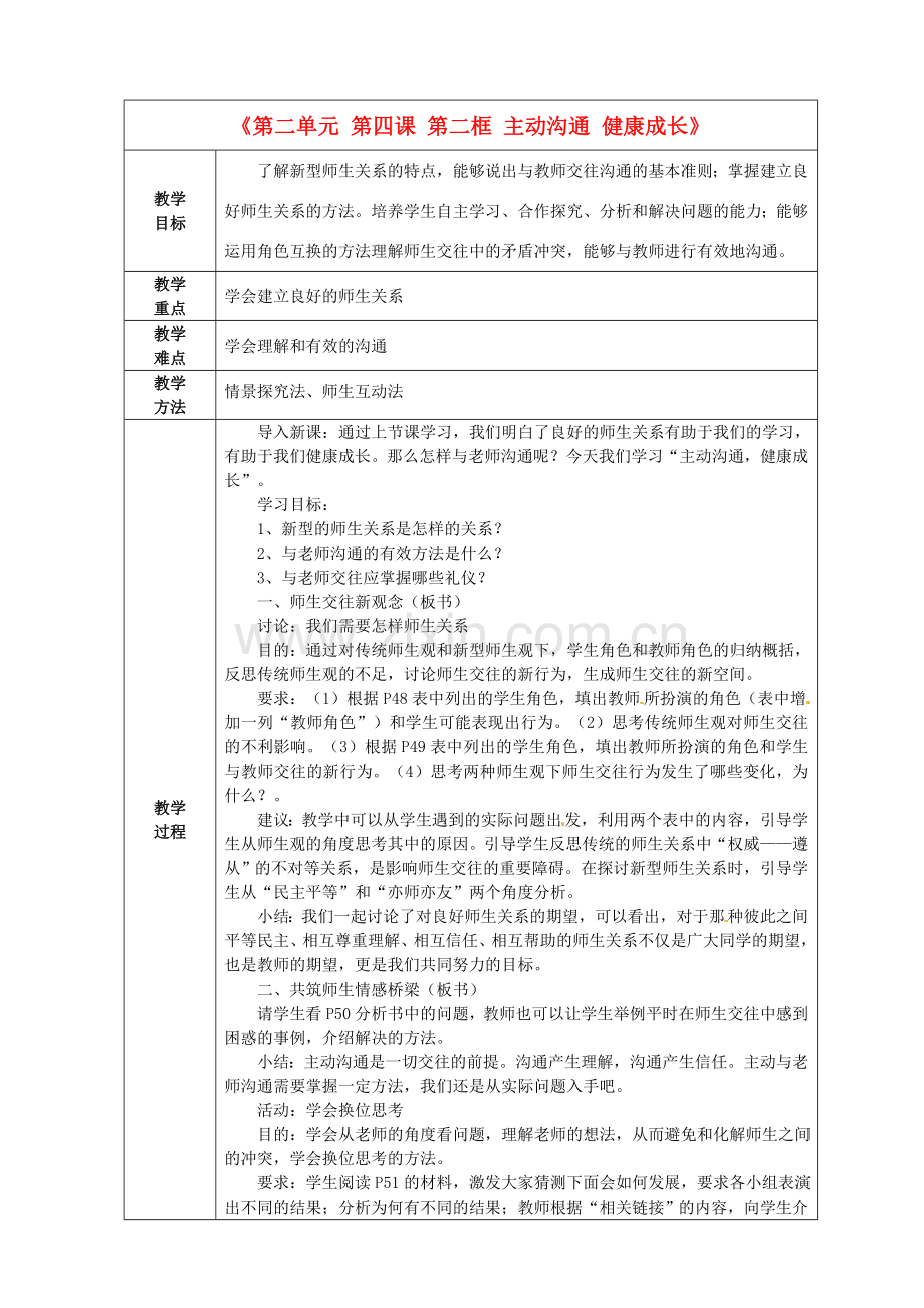 八年级政治上册《第二单元 第四课 第二框 主动沟通 健康成长》教学设计 新人教版-新人教版初中八年级上册政治教案.doc_第1页