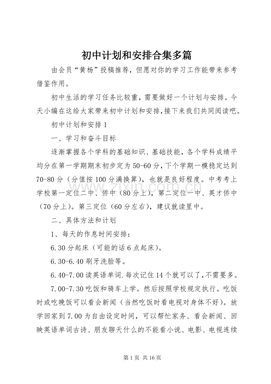 初中计划和安排合集多篇.docx_第1页