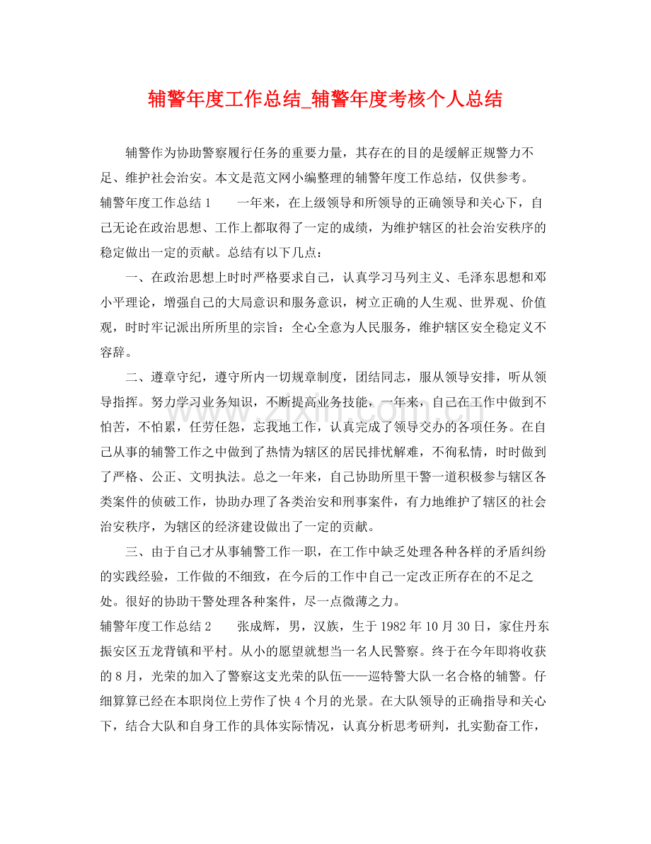 辅警年度工作总结_辅警年度考核个人总结 .docx_第1页