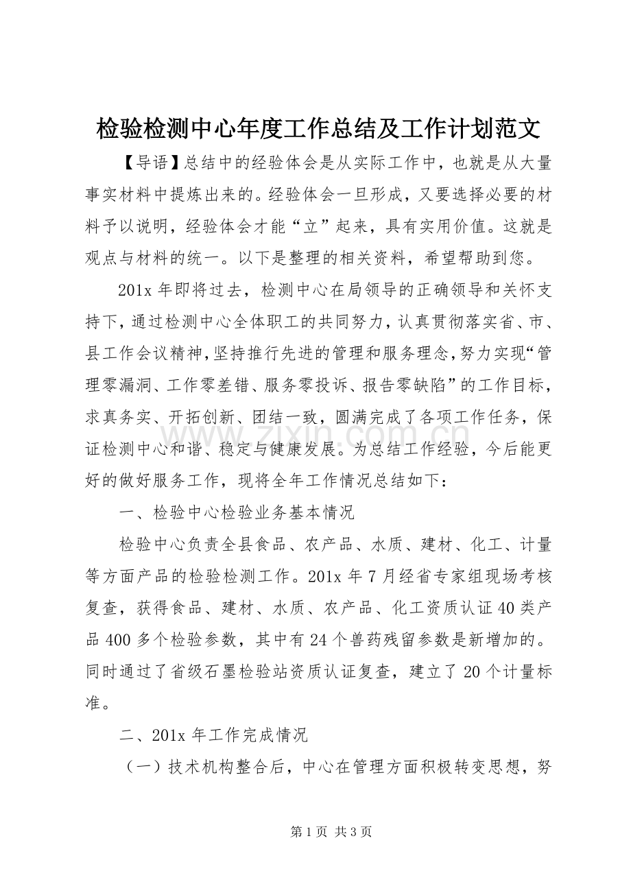 检验检测中心年度工作总结及工作计划范文.docx_第1页