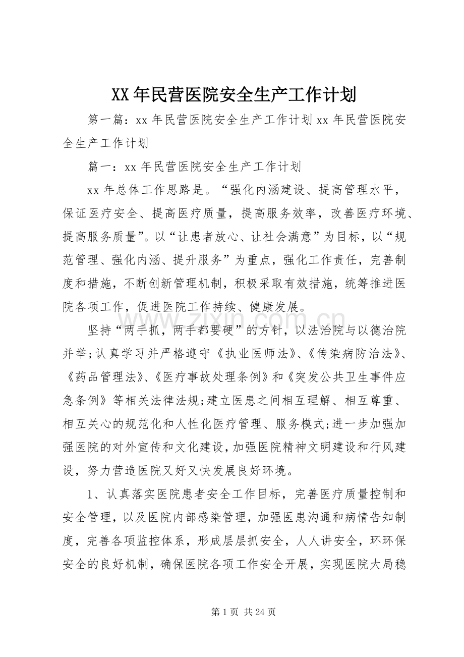 XX年民营医院安全生产工作计划.docx_第1页