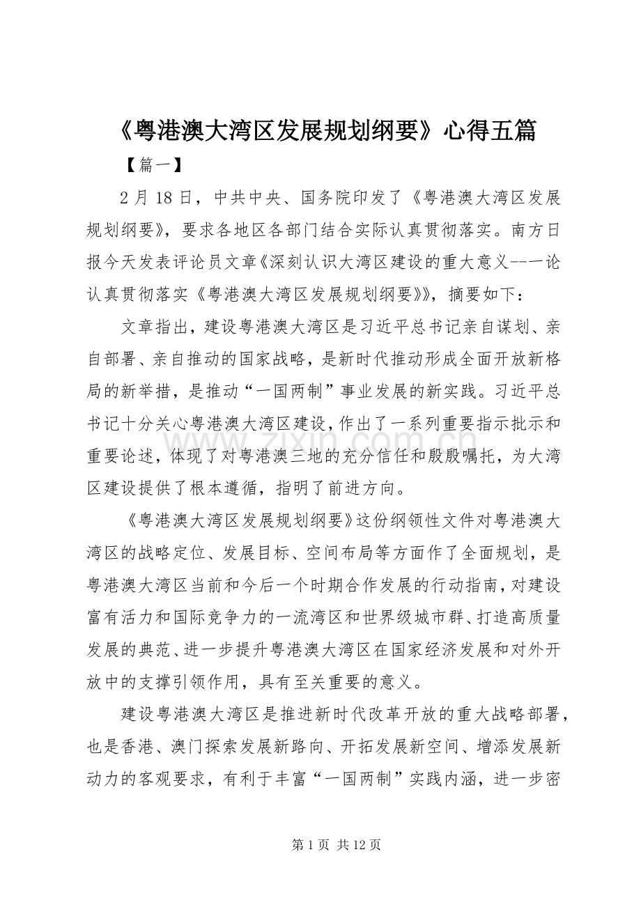 《粤港澳大湾区发展规划纲要》心得五篇.docx_第1页