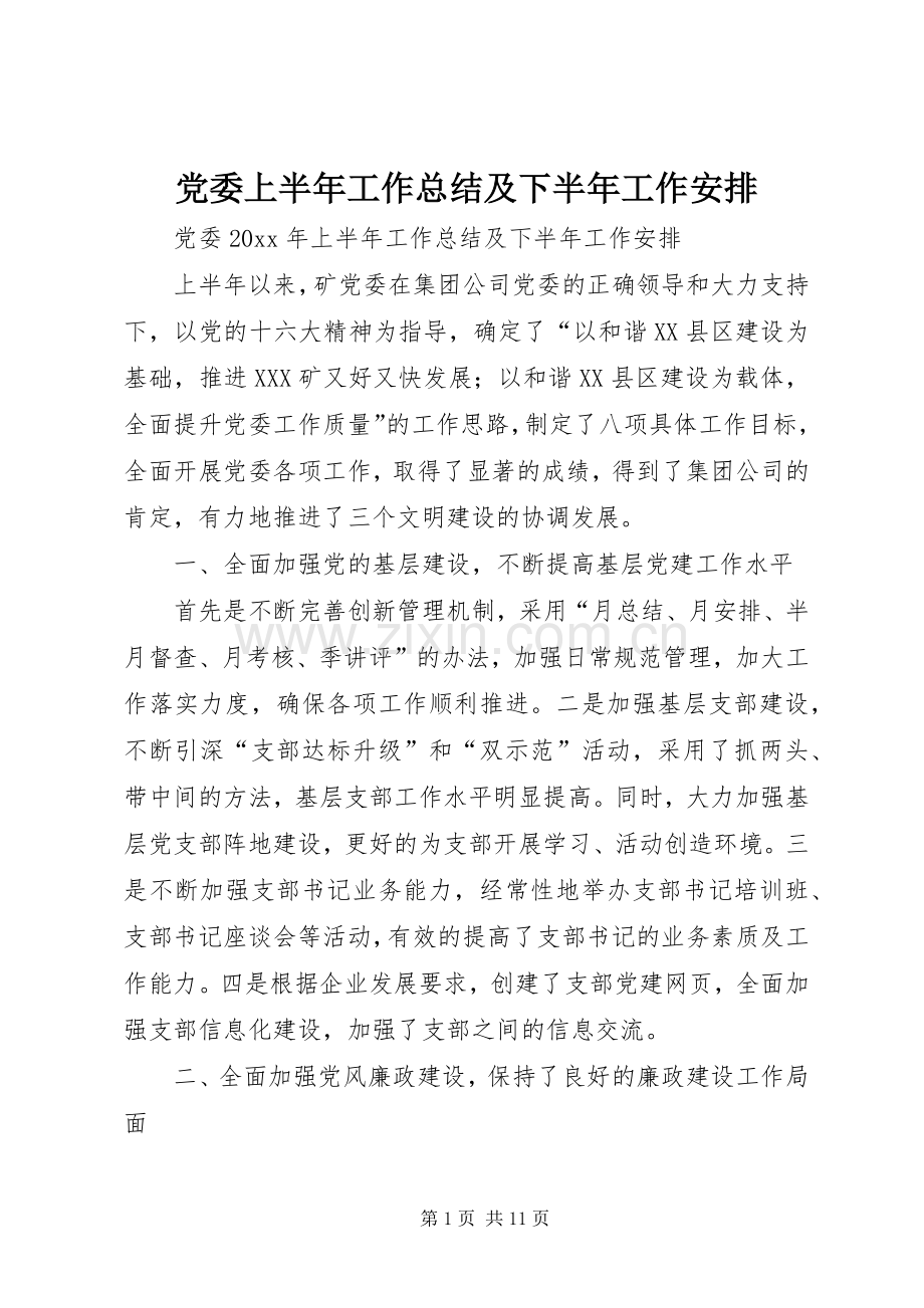 党委上半年工作总结及下半年工作安排.docx_第1页