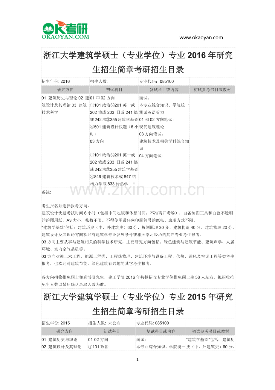 浙江大学建筑学硕士(专业学位)专业2016年研究生招生简章考研招生目录.docx_第1页