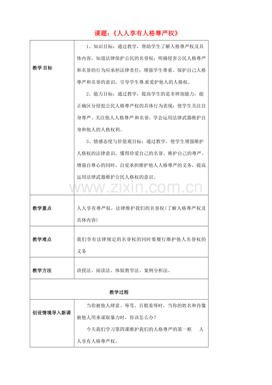 海南省万宁市思源实验学校八年级政治下册 第四课 第一框《人人享有人格尊严权》教案 新人教版.doc_第1页