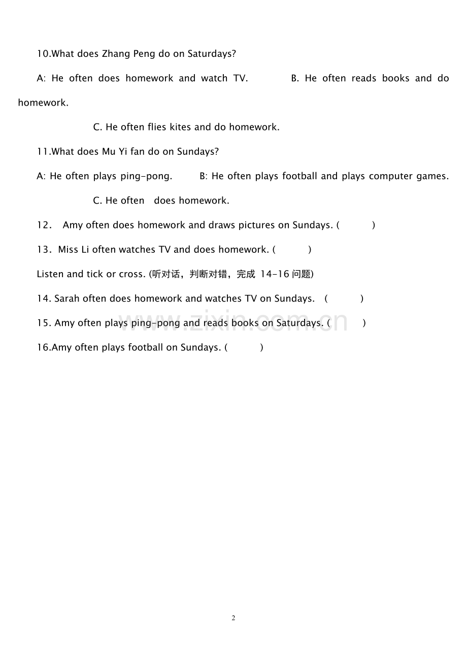 PEP小学英语五年级上册听力练习.doc_第2页