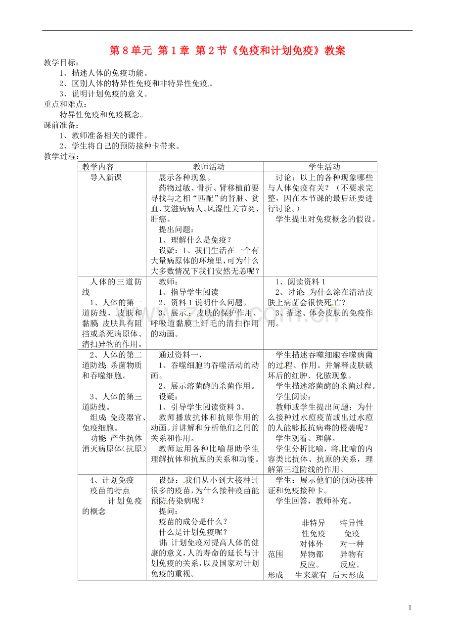 第8单元-第1章-第2节《免疫和计划免疫》教案-新人教版.doc_第1页