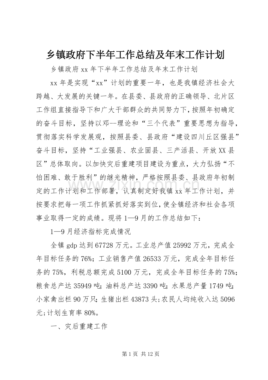 乡镇政府下半年工作总结及年末工作计划.docx_第1页