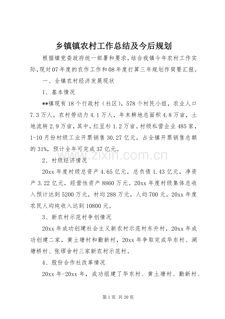 乡镇镇农村工作总结及今后规划 .docx_第1页