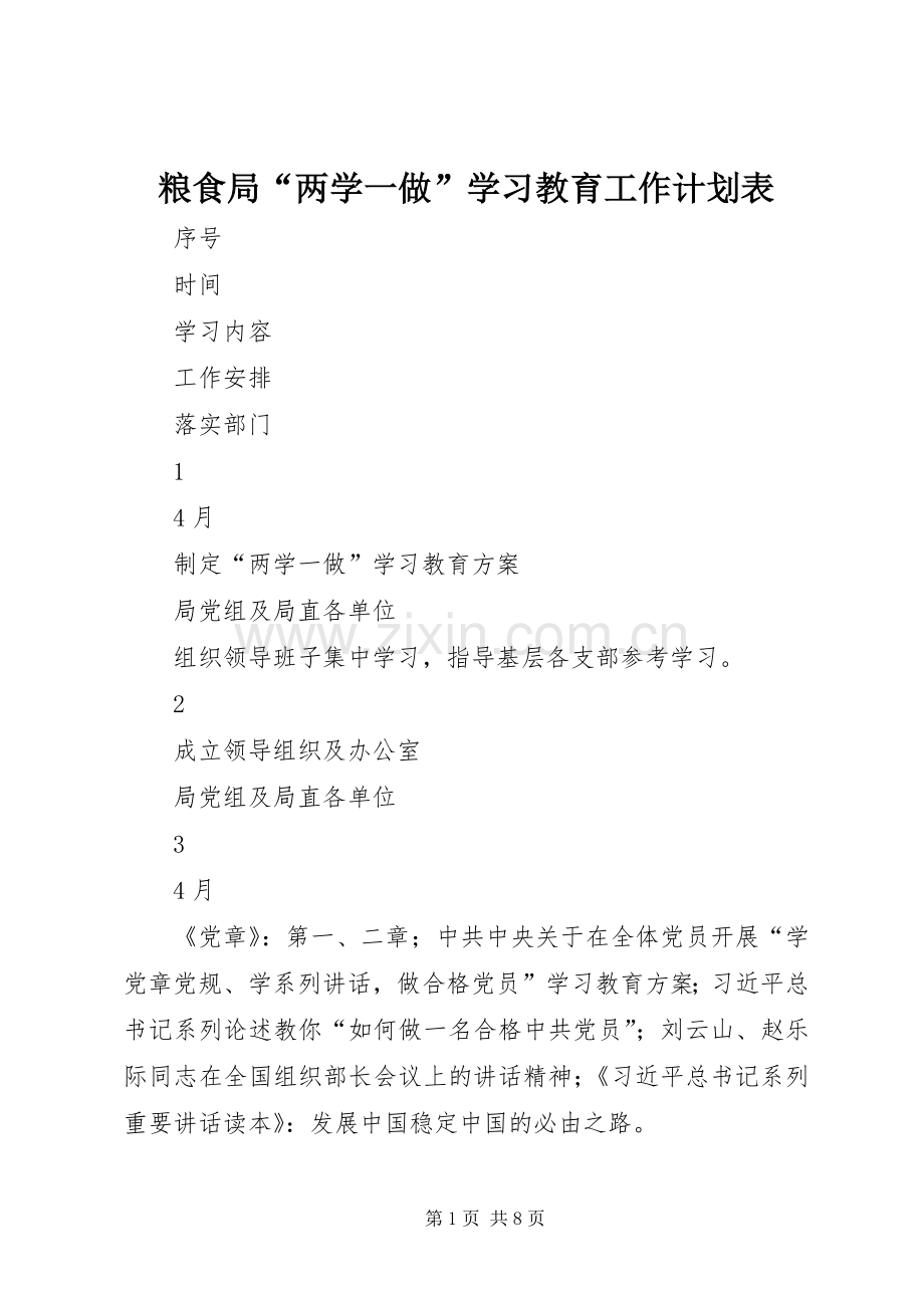 粮食局“两学一做”学习教育工作计划表.docx_第1页