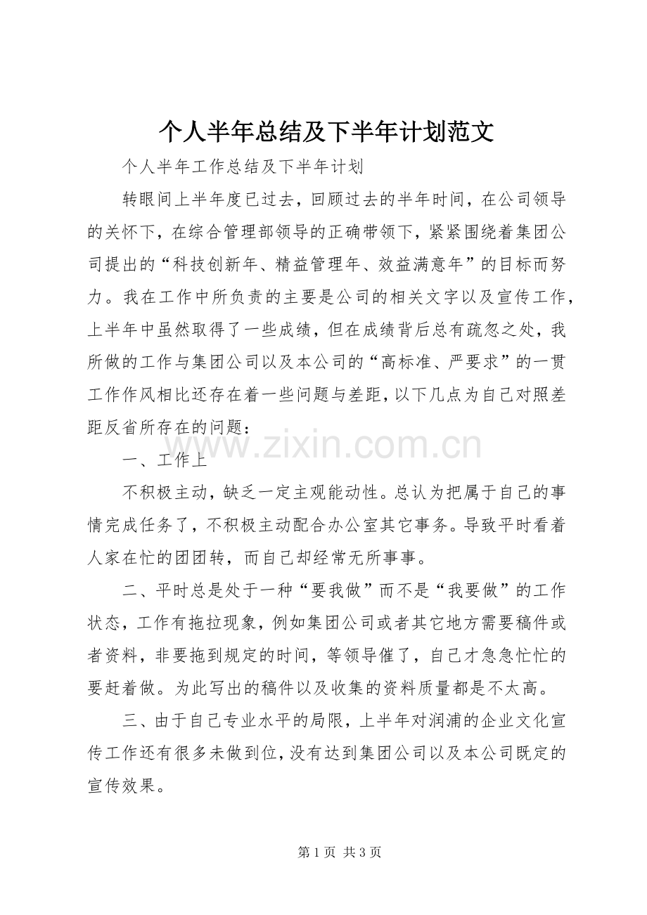 个人半年总结及下半年计划范文.docx_第1页