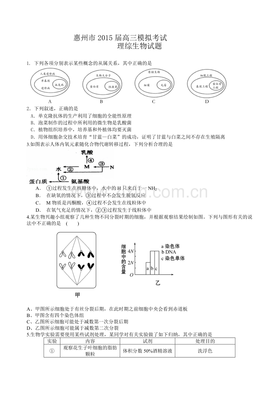 广东省惠州市2015届高三4月模拟理综生物试卷.doc_第1页