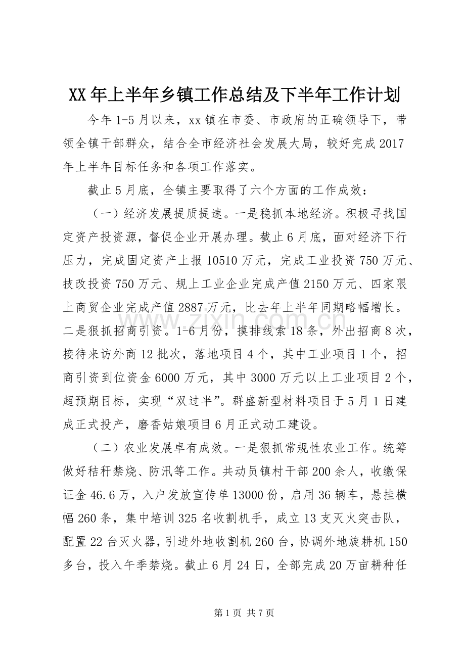 XX年上半年乡镇工作总结及下半年工作计划 .docx_第1页