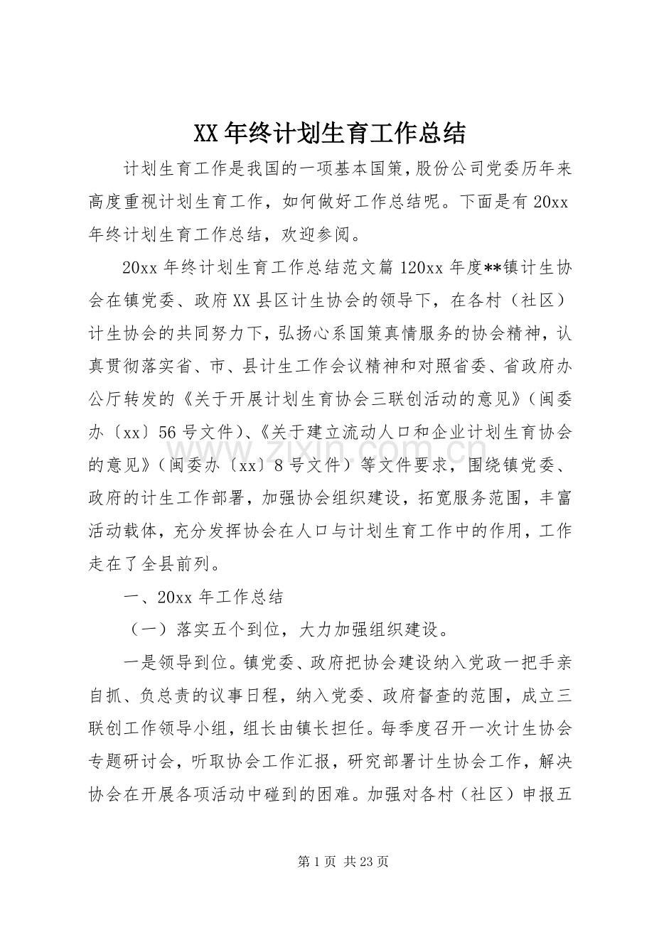 XX年终计划生育工作总结.docx_第1页