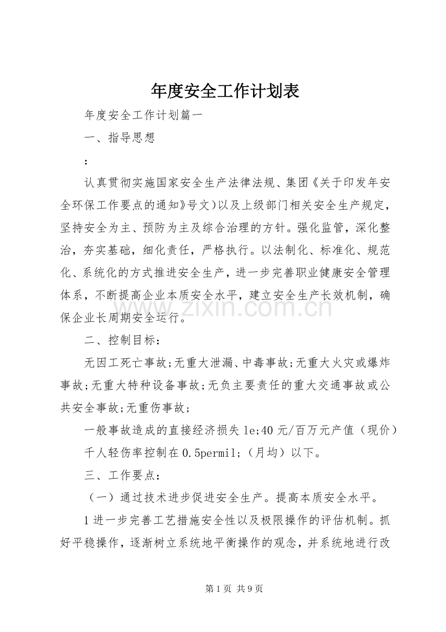 年度安全工作计划表 .docx_第1页