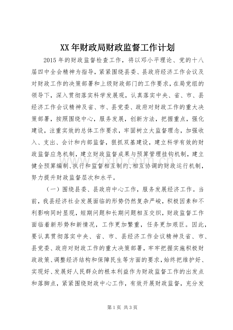 XX年财政局财政监督工作计划.docx_第1页