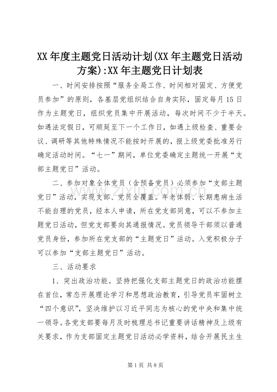 XX年度主题党日活动计划(XX年主题党日活动方案)-XX年主题党日计划表.docx_第1页