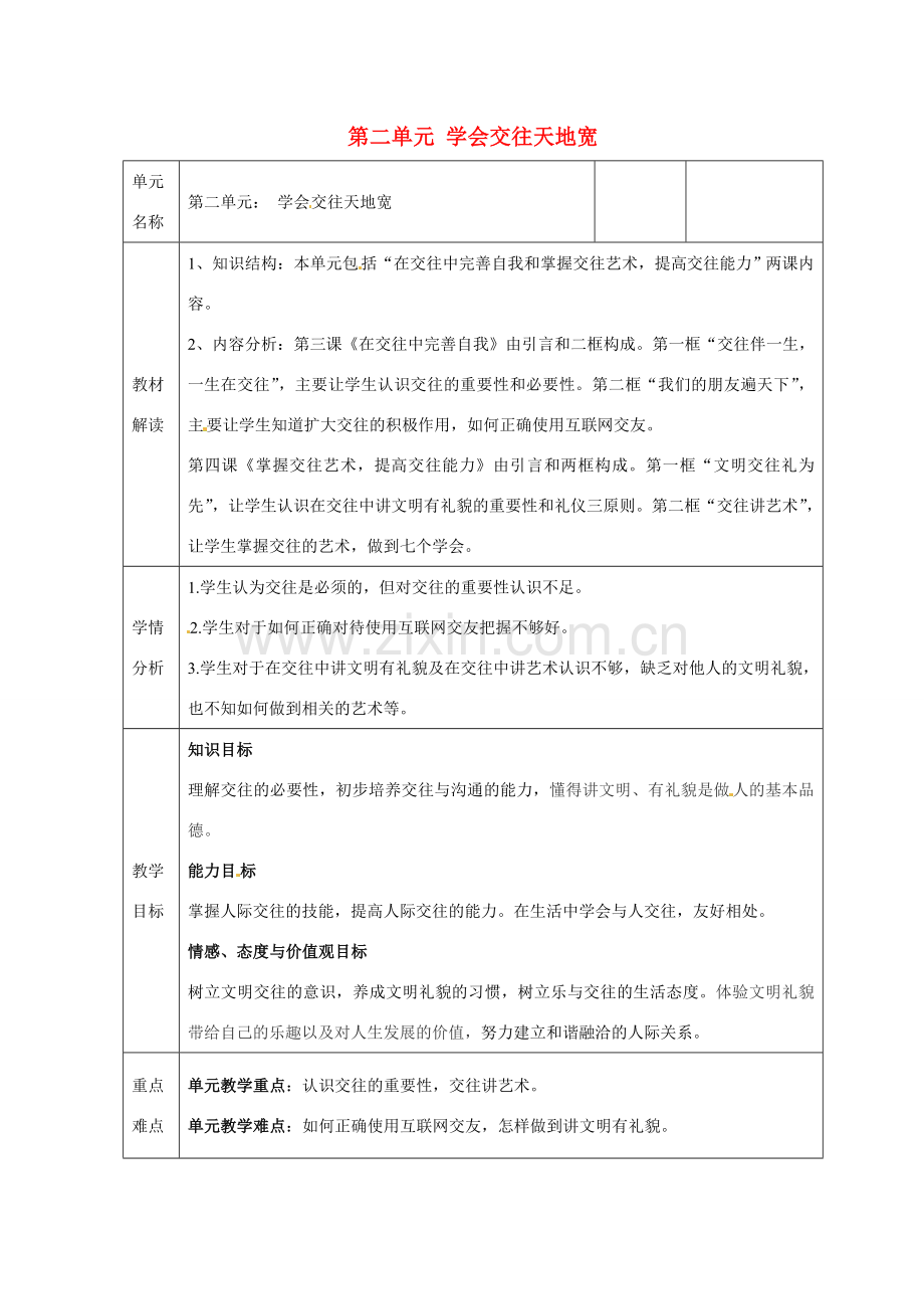 山东省邹平县礼参初级中学八年级政治上册 第二单元 学会交往天地宽教案 鲁教版.doc_第1页