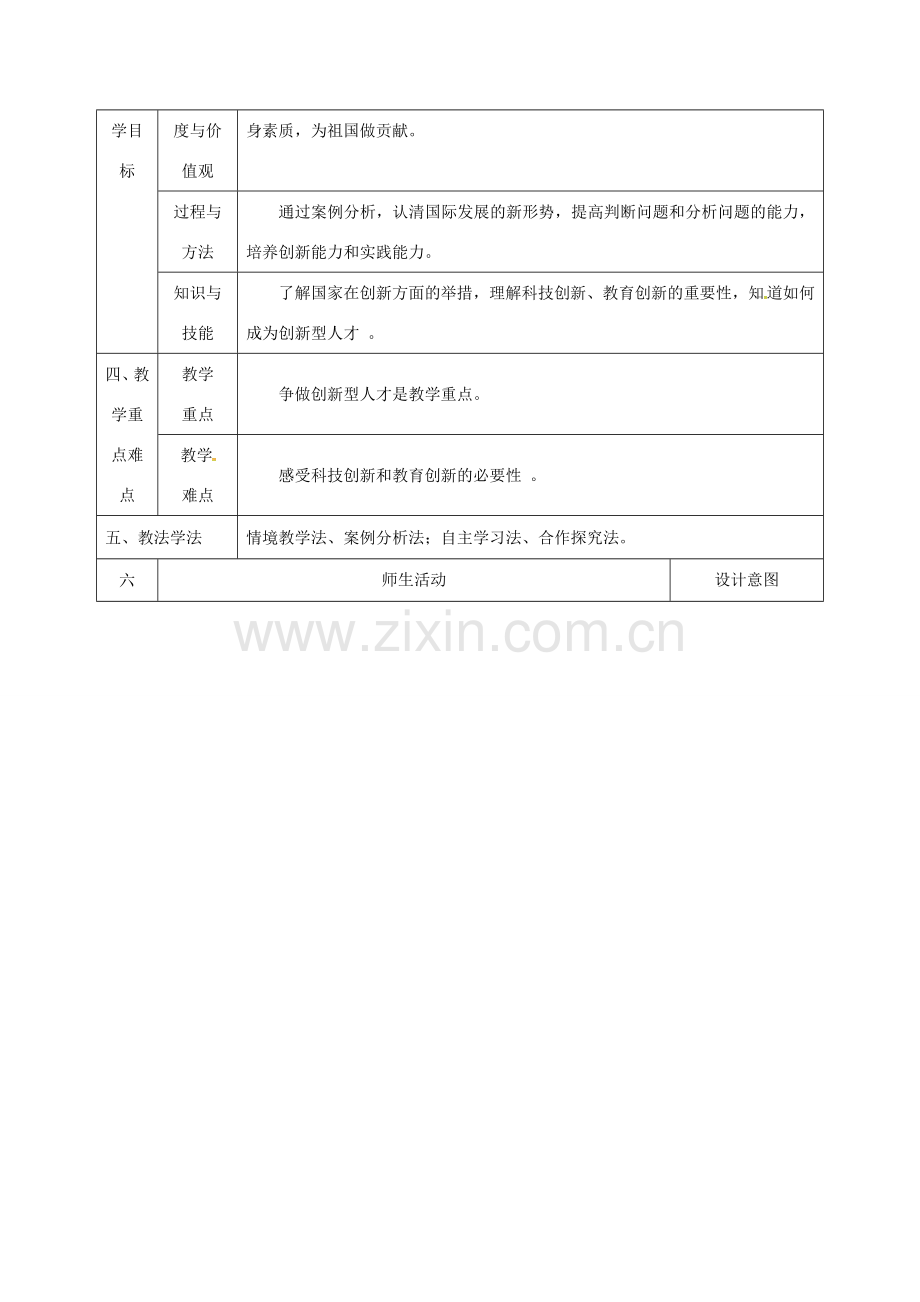 陕西省石泉县九年级政治全册 第三单元 关注国家的发展 第7课 走科教兴国之路 第2框 创新是关键教学设计 鲁教版-鲁教版初中九年级全册政治教案.doc_第2页