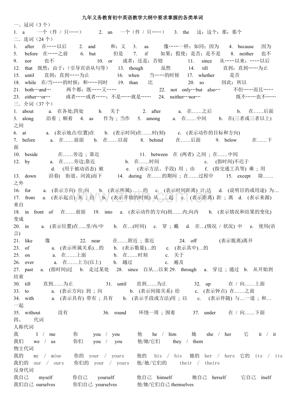 初中英语教学大纲中要求掌握的各类单词(按词性分类).doc_第1页