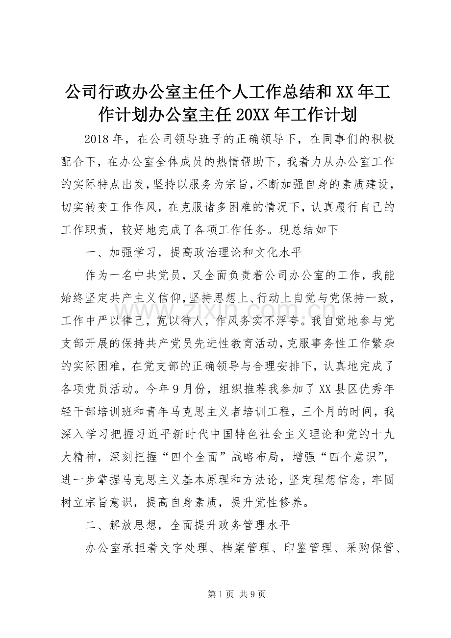 公司行政办公室主任个人工作总结和XX年工作计划办公室主任20XX年工作计划.docx_第1页