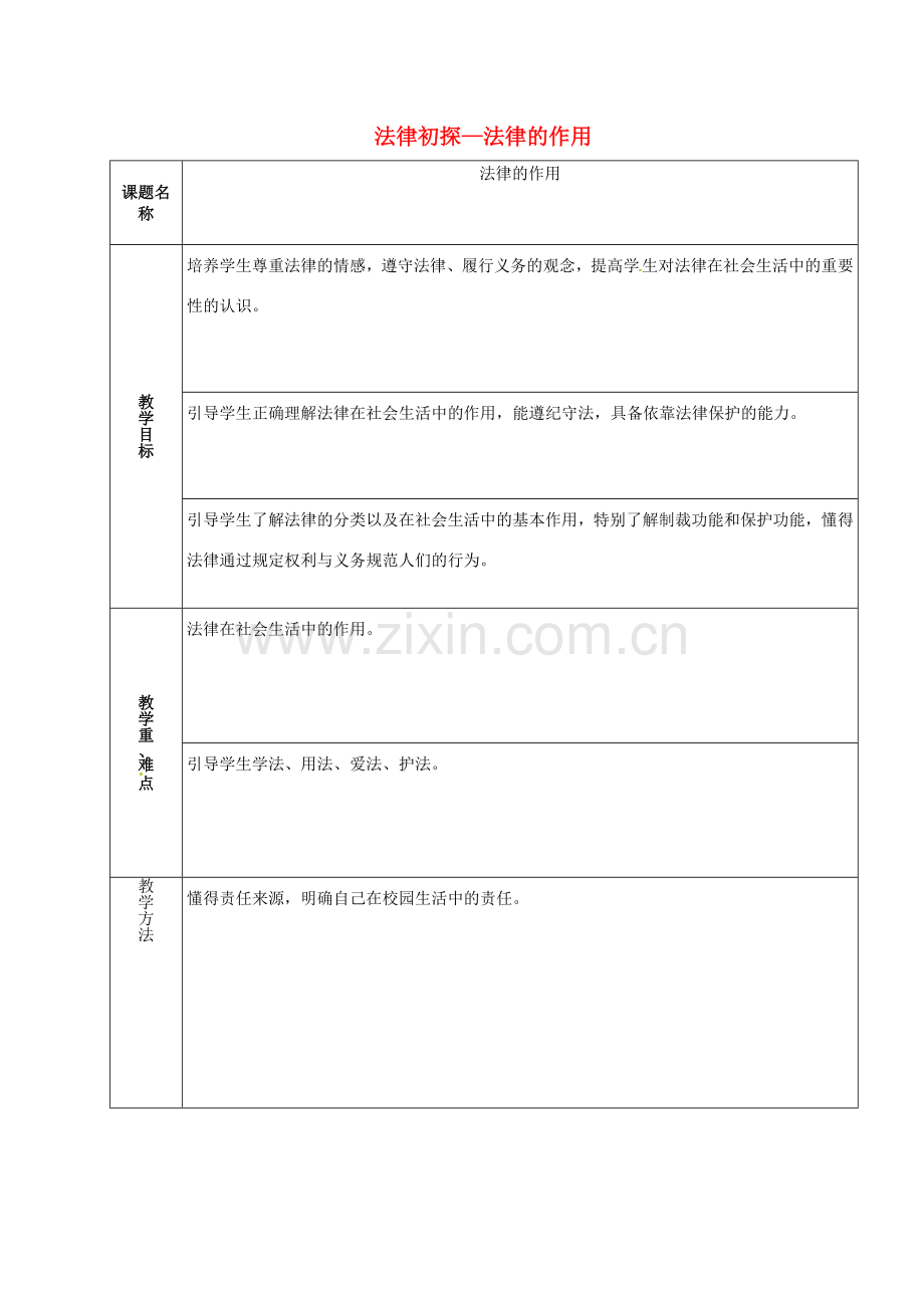 山东省章丘市龙山街道办党家中学七年级政治下册 第三单元 第七课 法律初探—法律的作用（第5课时）教案 教科版.doc_第1页