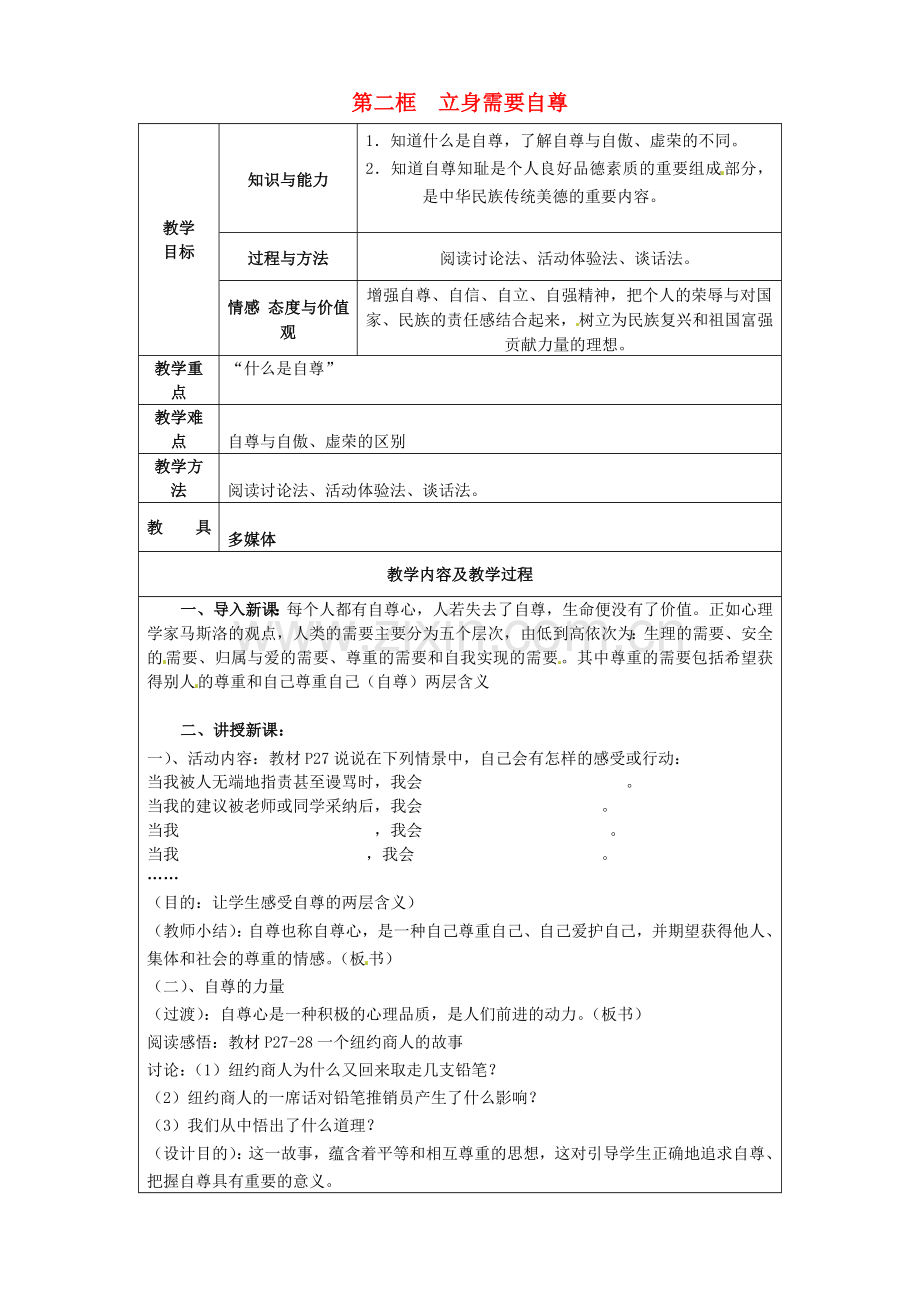 江苏省太仓市第二中学七年级政治上册《第三课 第二框 立身需要自尊》教案 苏教版.doc_第1页