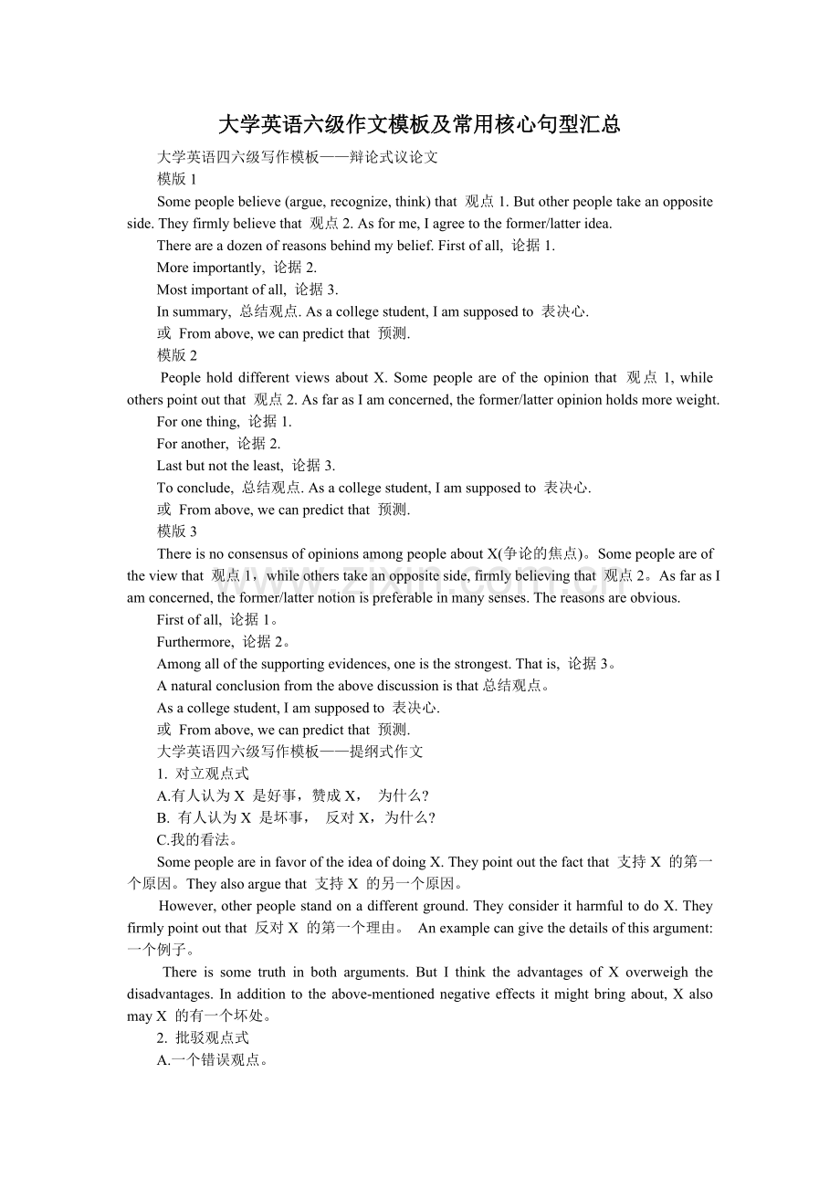 大学英语六级作文模板及常用核心句型汇总.doc_第1页