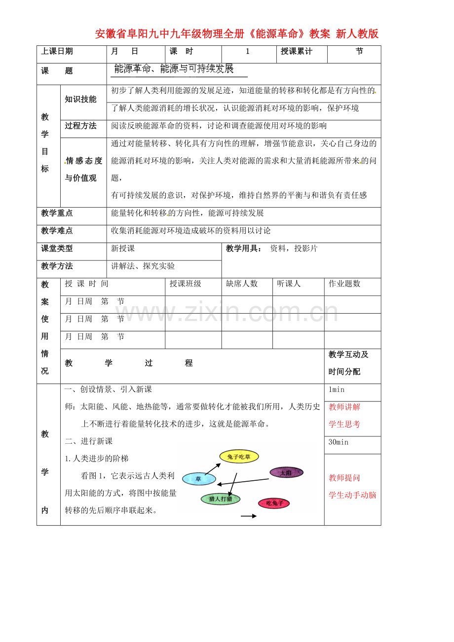 安徽省阜阳九中九年级物理全册《能源革命》教案 新人教版.doc_第1页