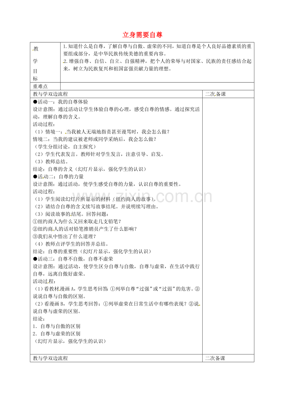 七年级政治上册 第三课 第2框 立身需要自尊教案 苏教版-苏教版初中七年级上册政治教案.doc_第1页