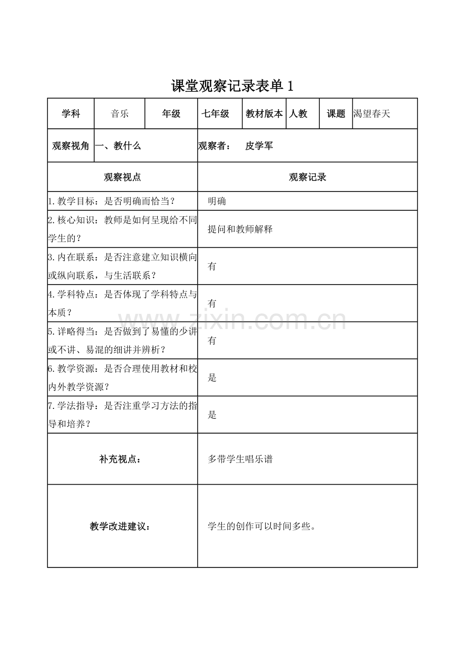 作业5【学员】课堂观察记录表单.doc_第1页