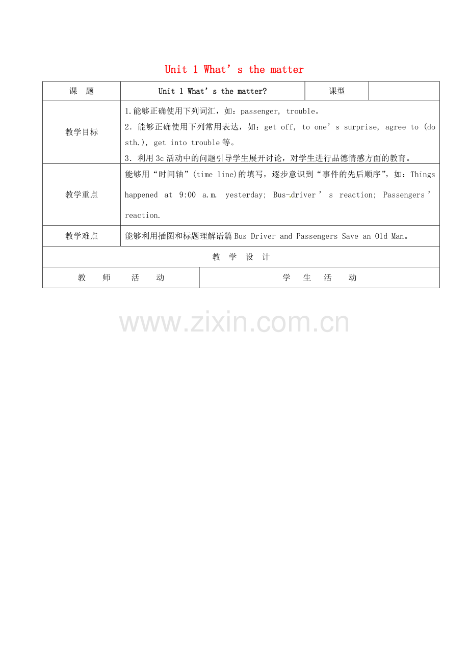 山东省郯城县红花镇八年级英语下册 Unit 1 What’s the matter教案1 （新版）人教新目标版-（新版）人教新目标版初中八年级下册英语教案.doc_第1页