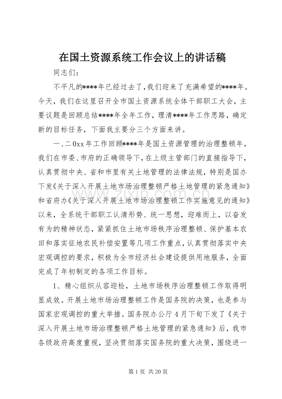 在国土资源系统工作会议上的讲话发言稿.docx_第1页