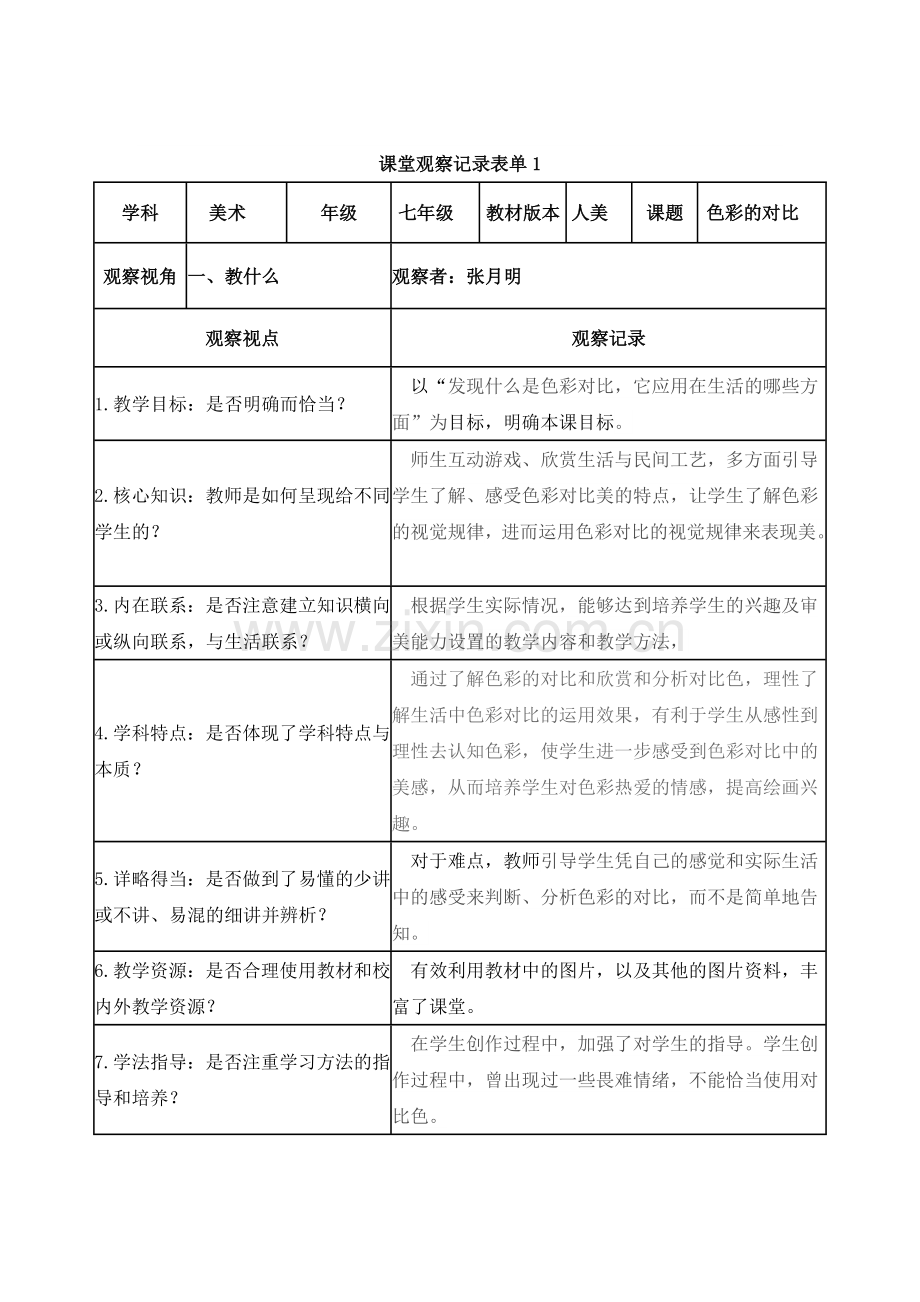 【张月明】课堂观察记录表单.doc_第1页