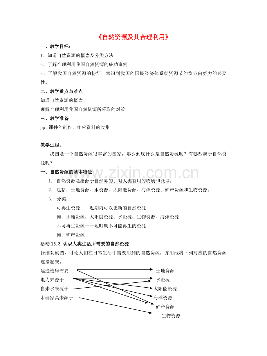 七年级科学下册 第15章 人与自然的协调发展 15.2《自然资源及其合理利用》教案设计 牛津上海版-牛津上海版初中七年级下册自然科学教案.doc_第1页