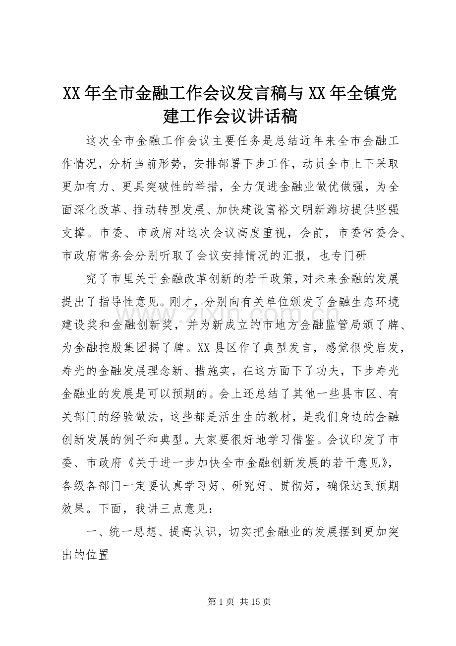 XX年全市金融工作会议发言稿与XX年全镇党建工作会议的讲话发言稿.docx_第1页