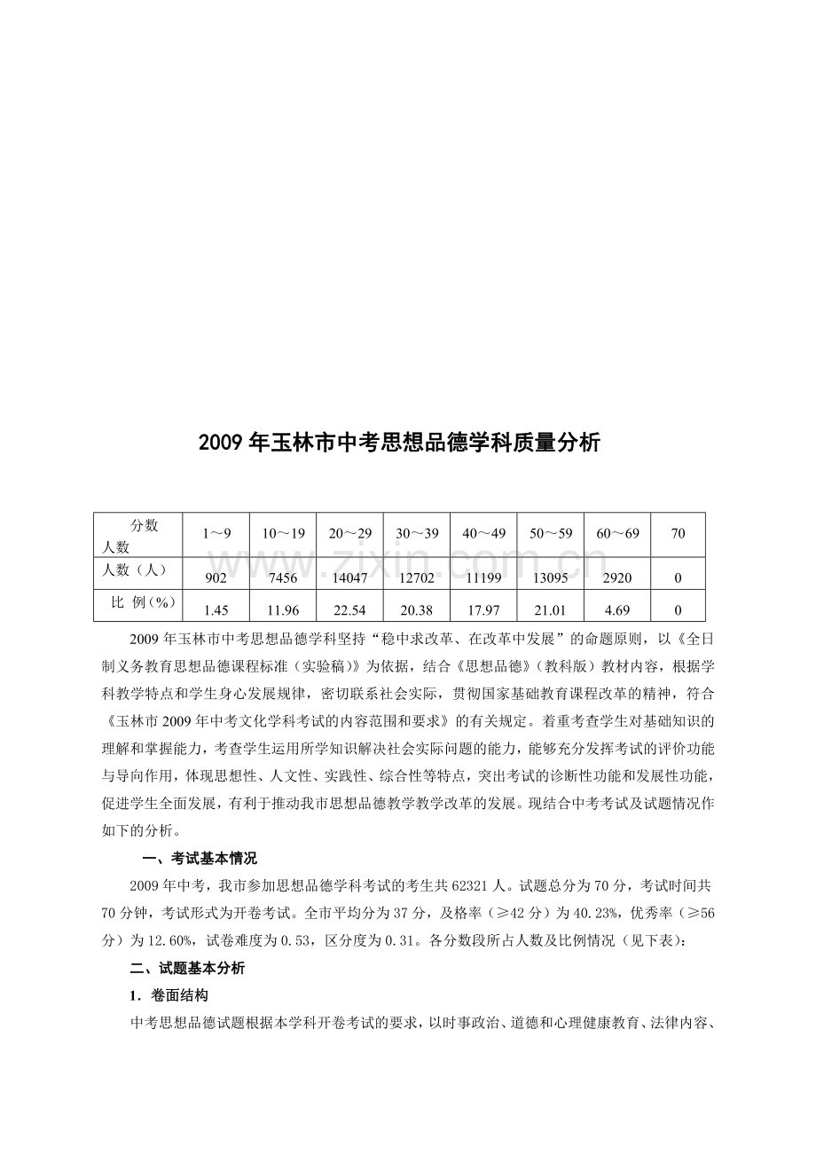 中考思想品德学科质量分析报告.docx_第1页