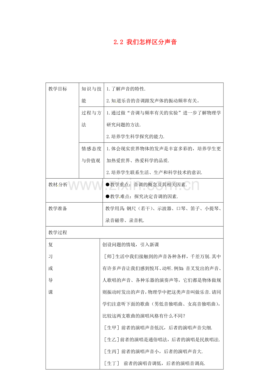 山东省惠东县白花镇第一中学八年级物理上册《2.2 我们怎样区分声音》教学设计 粤教沪版.doc_第1页