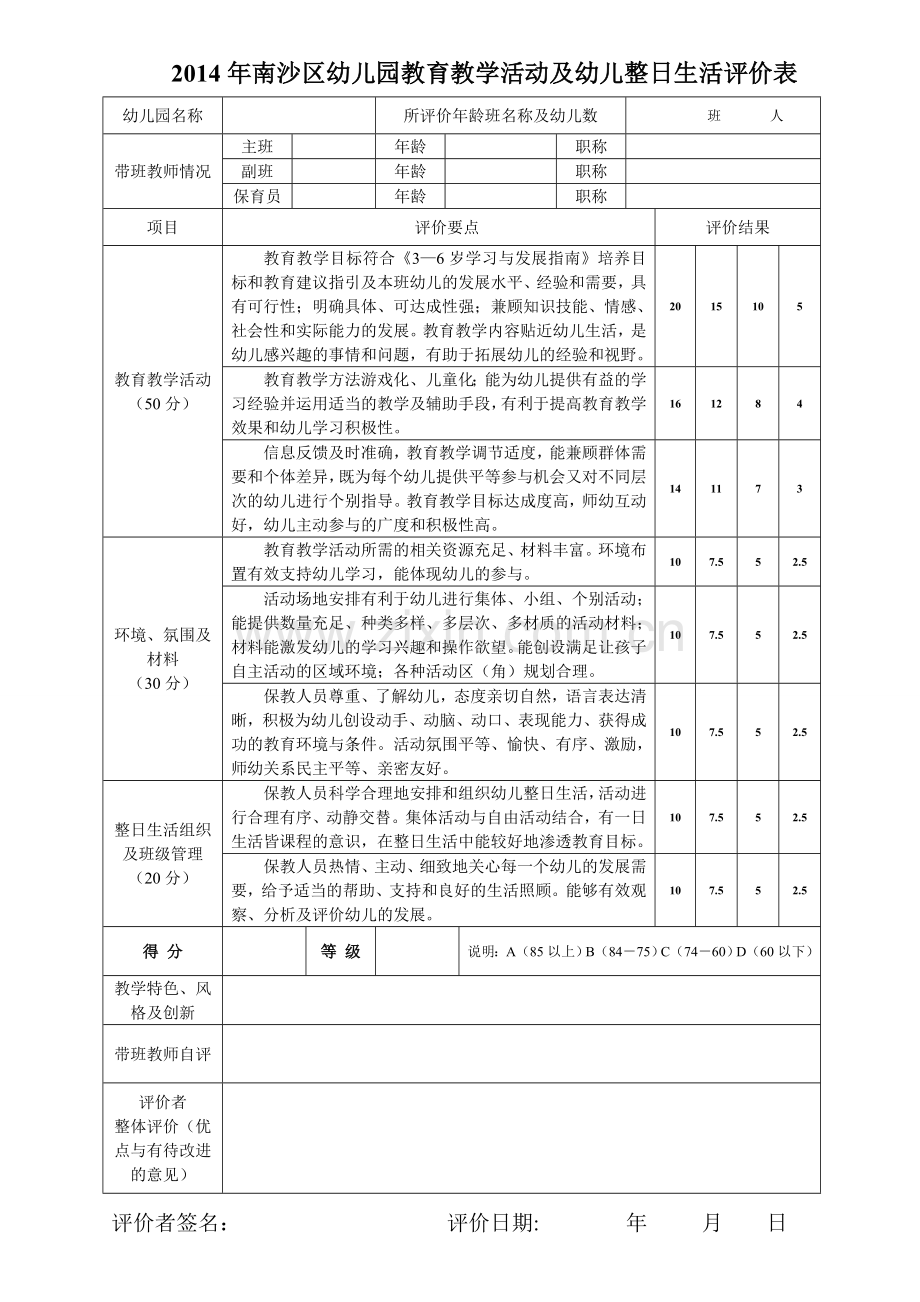 幼儿园教育教学活动及幼儿整日生活评价表.doc_第1页