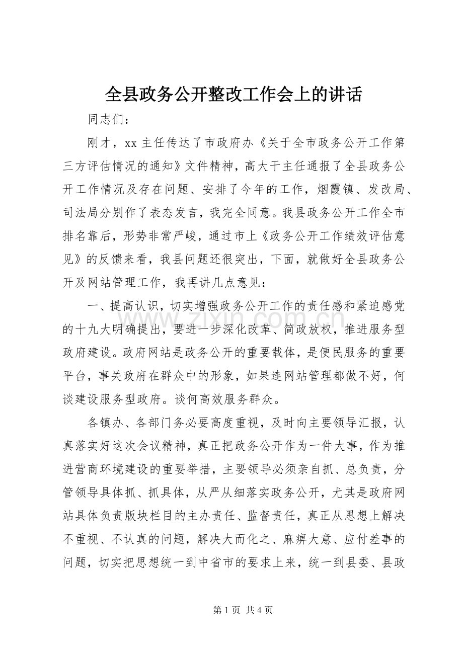 全县政务公开整改工作会上的讲话发言.docx_第1页