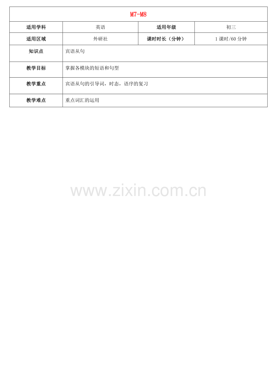 天津学大教育信息咨询有限公司中考英语 八下 Module 7-8复习教案 外研版-外研版初中九年级全册英语教案.doc_第1页