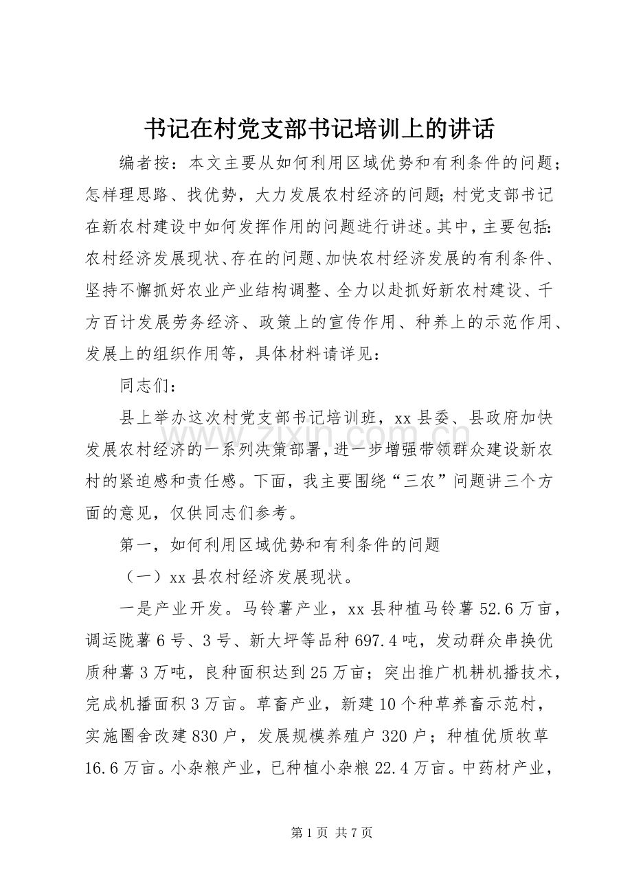 书记在村党支部书记培训上的讲话发言.docx_第1页