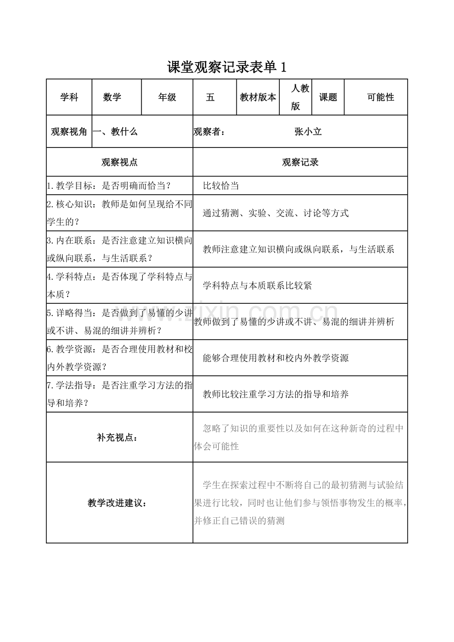 张小立课堂观察记录表单.doc_第1页