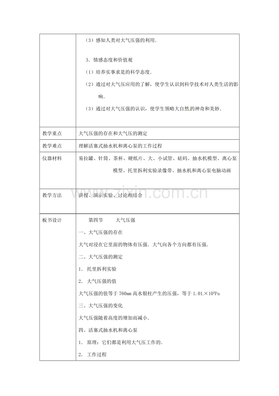 八年级物理下册 8.4 大气压强教案 （新版）北师大版-（新版）北师大版初中八年级下册物理教案.doc_第2页