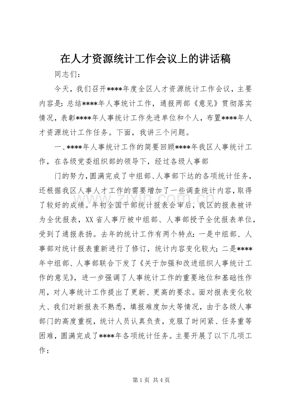 在人才资源统计工作会议上讲话发言稿.docx_第1页