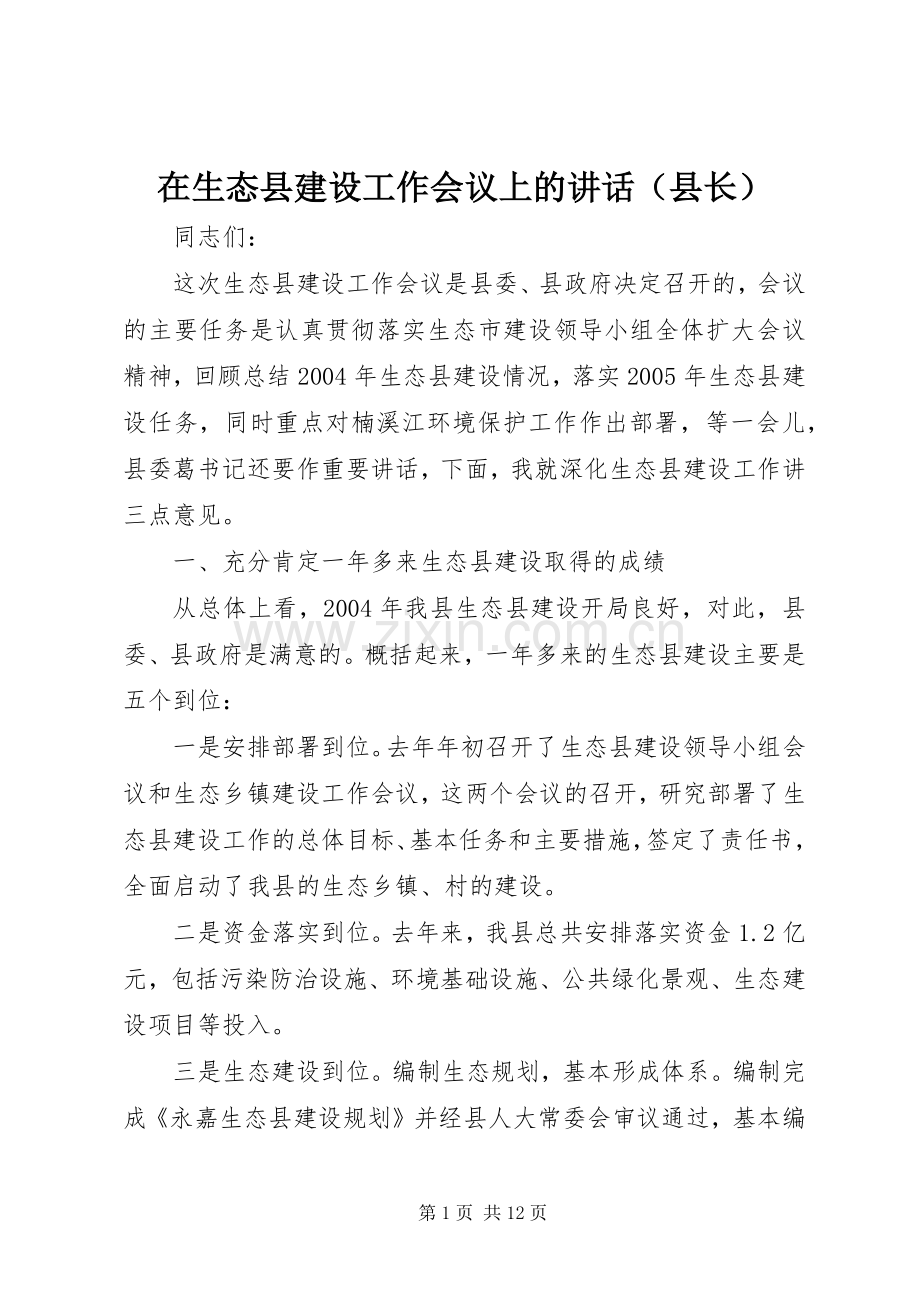 在生态县建设工作会议上的讲话发言（县长）.docx_第1页