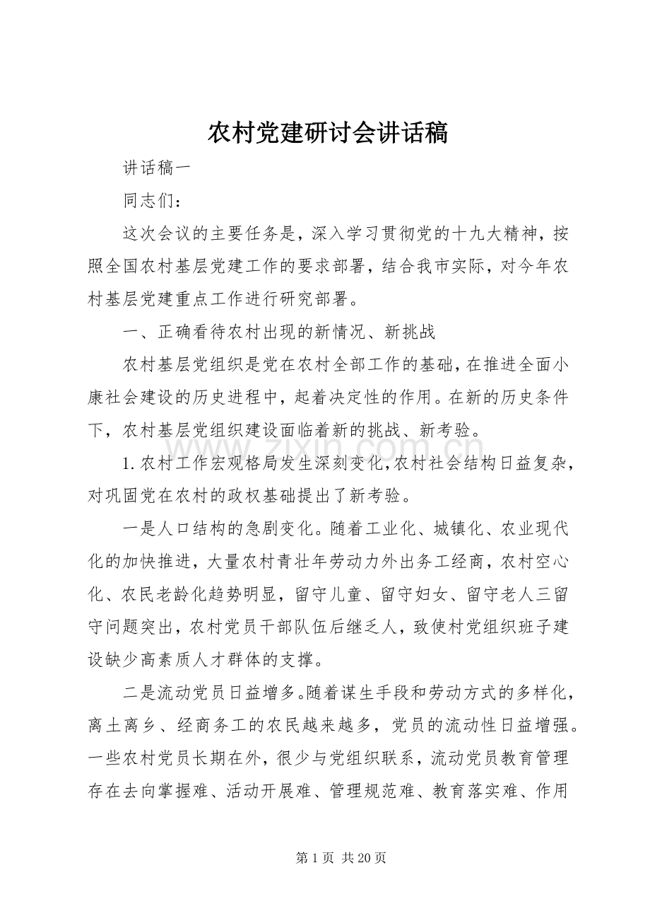 农村党建研讨会讲话发言稿.docx_第1页