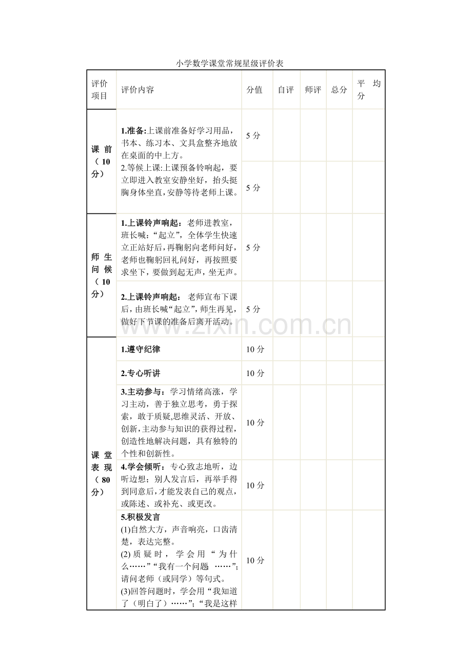 小学数学课堂常规星级评价表.doc_第1页